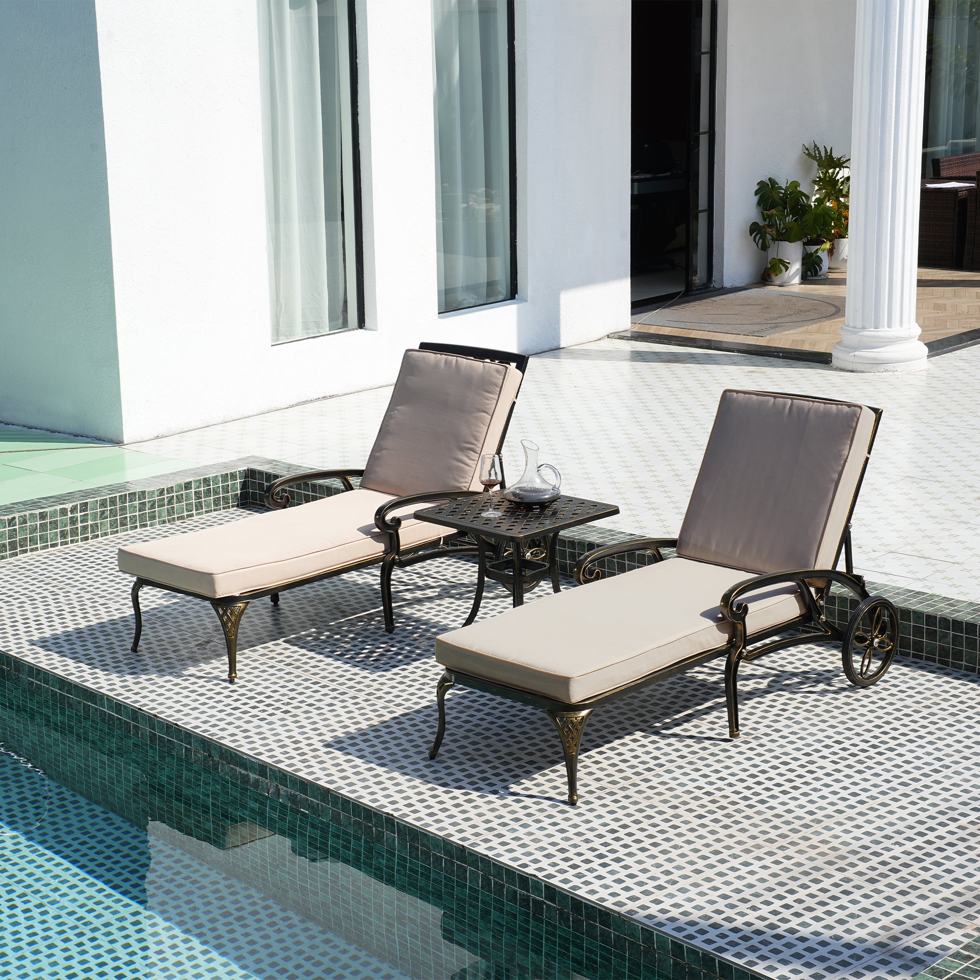 Outdoor Metal Chaise Lounge Set with Coffee Table Set of 2 Astoria Grand Cushion Color Beige